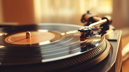 Sunlit Vinyl Playing on Record Player - Warm Vintage Atmosphere 