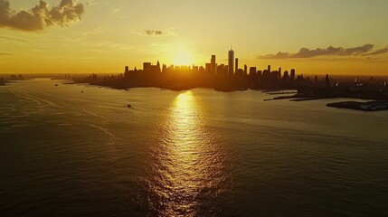 New York City From Water. Aerial View of Lower Manhattan Skyline at Sunset over Hudson River