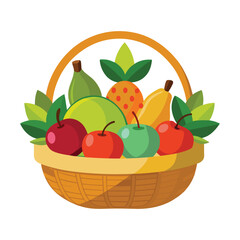 Basket with fresh, healthy, and ripe fruits like apples, oranges, and grapes, a vibrant vector illustration isolated on white