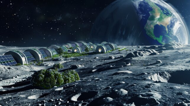 A dynamic scene of a green lunar base with sustainable habitats and solar arrays on the moon's surface, under a backdrop of Earthrise