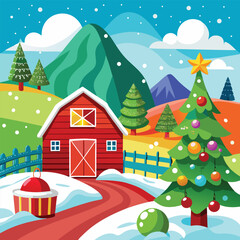 Christmas winter landscape with snowy houses and trees at night, a festive holiday scene.