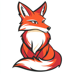 Obraz premium A captivating cartoon illustration of a red fox with a bushy tail and white chest, depicted in a sitting pose, against a clean white background.