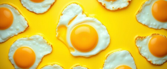 Golden fried eggs, sunny-side up, yolk-centric pattern on vibrant yellow background,   breakfast food,   egg pattern
