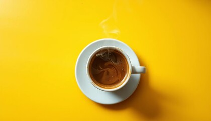 Overhead view of a steaming coffee cup on a yellow table,   wooden,  cheerful