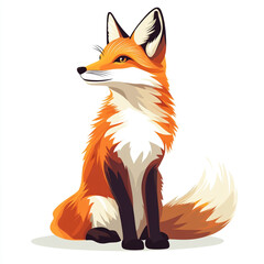Fototapeta premium A captivating cartoon illustration of a red fox with a bushy tail and white chest, depicted in a sitting pose, against a clean white background.