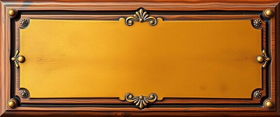 Rustic wooden plaque with ornate gold-toned brass plate,   shadow,   warm