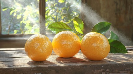 Fresh oranges on a rustic wooden table, bathed in sunlight