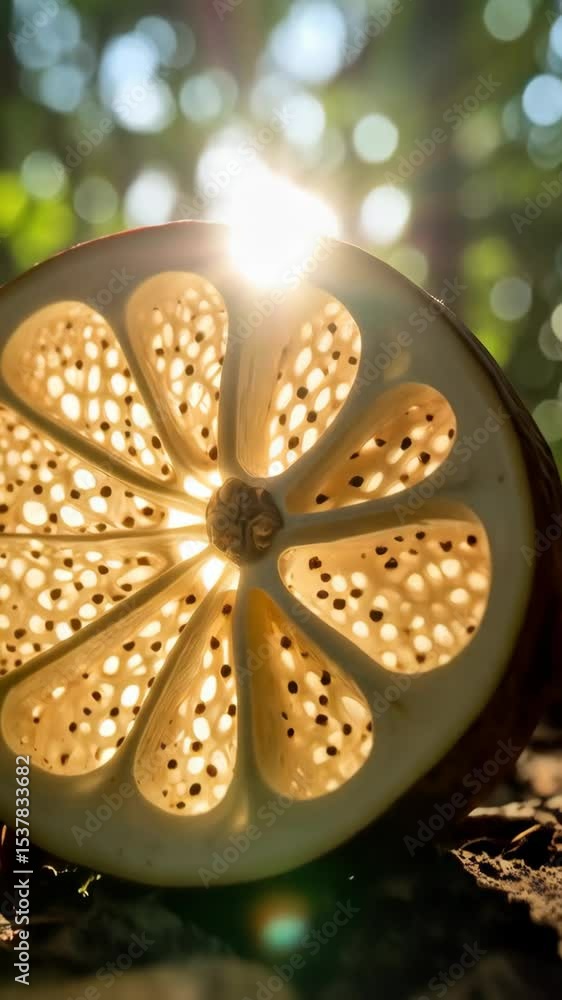 Poster cross-section of a seedpod with decorative holes and pattern, illuminated by sunlight in forest sett
