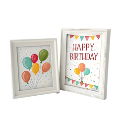 Birthday Party Decor: White Picture Frames with Balloon & Banner Prints