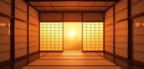 Serene sunrise paints soft gold hues across shoji screens in a minimalist Japanese meditation room, quiet, meditation room
