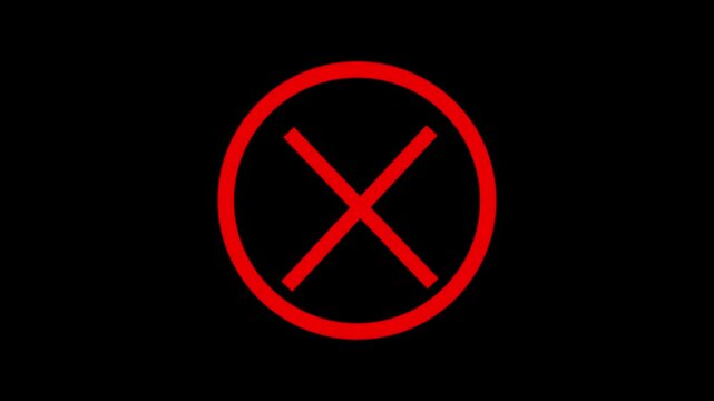 cross mark animation white background, Wrong icon 4k Motion graphic, Red X letter, crossed lines, denial concept, incorrect cross symbol, red cross mark animation 4k. Prohibition.