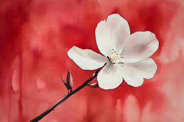 Delicate white flower against a vibrant red background.