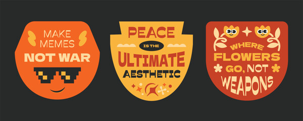 Groovy badges, stickers, patchs collection. Cartoon character with quote about peaceful world no war in y2k style.