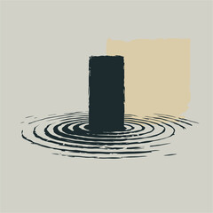 Japandi Style Abstract Art. Minimalist monolith with zen ripples.