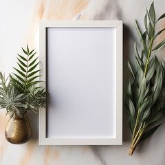 A clean, white portrait frame mockup on a light wooden surface, adorned with delicate pink and white flowers and a small wooden vase.
