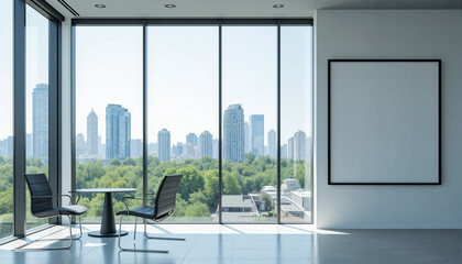 Fototapeta premium Modern lounge interior design with armchairs and coffee tables in a high-rise building with panoramic city view and large windows