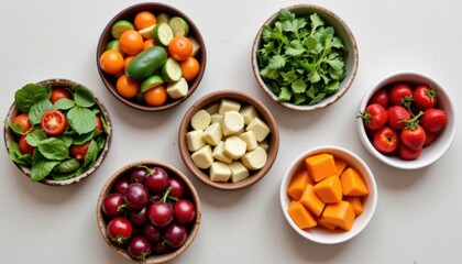 Fresh vegetable and fruit bowls with colorful cherry tomatoes strawberries cheese cubes and leafy greens arranged on white background for healthy eating