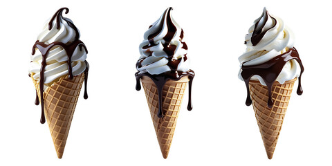 Chocolate Drizzled Ice Cream Cones &ndash; Sweet Dessert Isolated on Transparent Background