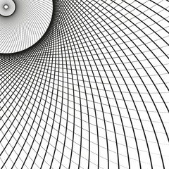 Naklejka premium Distorted grid shape. Abstract curve mesh. Optical illusion vector. Black wave structure.