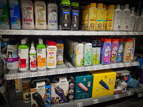 An assortment of dog grooming supplies from different brands on retail shelves in Minnesota. The United States pet grooming products market is a multi-billion dollar industry. (June 2025) Editorial