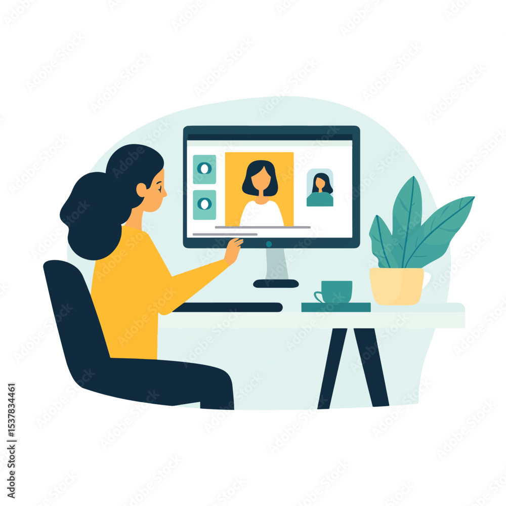 Poster flat vector women use remote technology working for video conferencing with team online concept, vec
