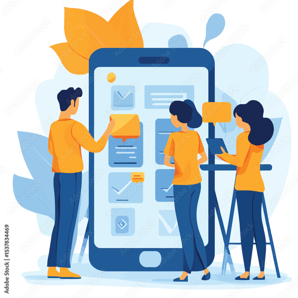 Poster flat vector people business team working development mobile application form registration online con