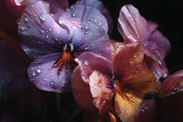 Close-up of vibrant pansies with water droplets.