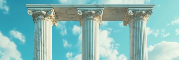 Pillars Three. Classical Greek Marble Columns Symbolizing Sustainability Against Blue Sky. 3D Illustration