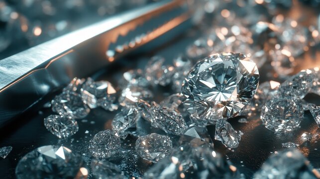 Pile Of Diamonds. Bright and Brilliant Gems on Table as Business Concept. 3D Rendering - Powered by Adobe