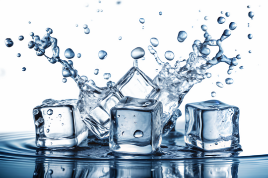 Three translucent ice cubes falling into water creating a dynamic splash against a black background A I G E N E R A T E D - P N G isolated on a transparent background