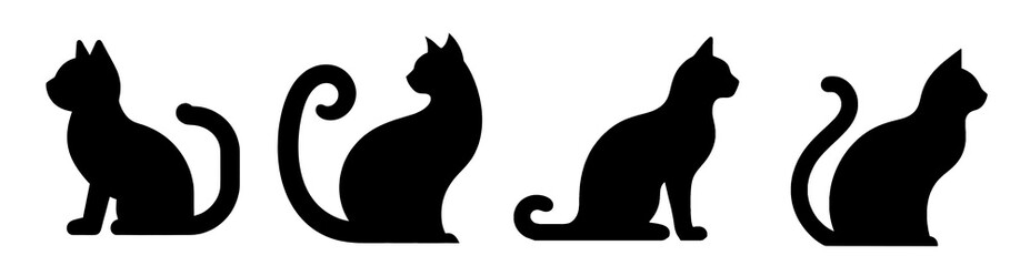 Set of Four Black Cat Silhouettes in Various Poses, Elegant and Mysterious, Isolated on Transparent Background