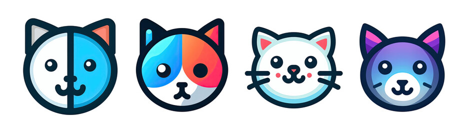Set of Four Cute Cartoon Cat Head Avatars or Icons in Different Styles, Pet Animal Faces, Isolated on Transparent Background