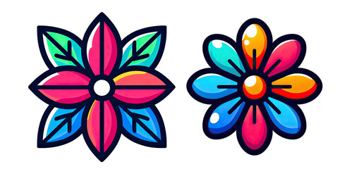 Set of Two Colorful Stylized Flower Icons or Decorations with Bright Petals and Leaves, Floral Elements, Isolated on Transparent Background