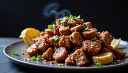 Savory cubes of cooked meat topped with fresh herbs and lemon wedges served on a stylish plate with dark background for appetizing meal presentation