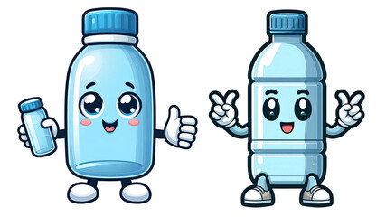Two Cute Cartoon Water Bottle Characters with Happy Faces, Hydration and Drink Concept, Isolated on Transparent Background