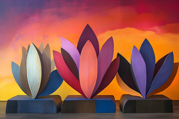 Colorful floral sculptures against a sunset backdrop.