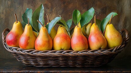 Fresh pears in a woven basket