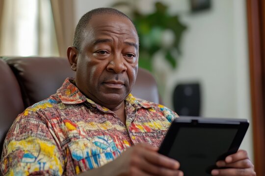 Senior African American Man Using Digital Tablet at Home