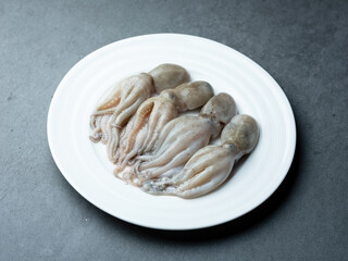 raw webfoot octopus on a plate