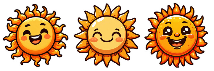 Cute Cartoon Sun Character Set with Happy Faces and Shining Rays, Summer and Weather Elements, Isolated on Transparent Background