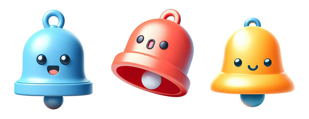 Set of Three Cute 3D Rendered Cartoon Bell Characters with Happy Faces, Notification and Alert Icons, Isolated on Transparent Background