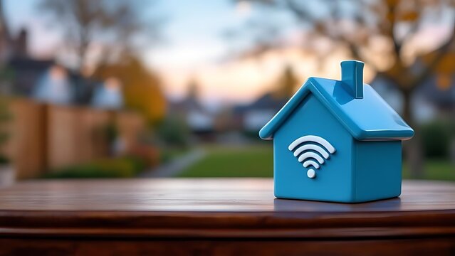 Mini house model with Wi-Fi symbol in focus, set against a blurred suburban background. Ideal for smart home, internet, connectivity, and modern technology concepts