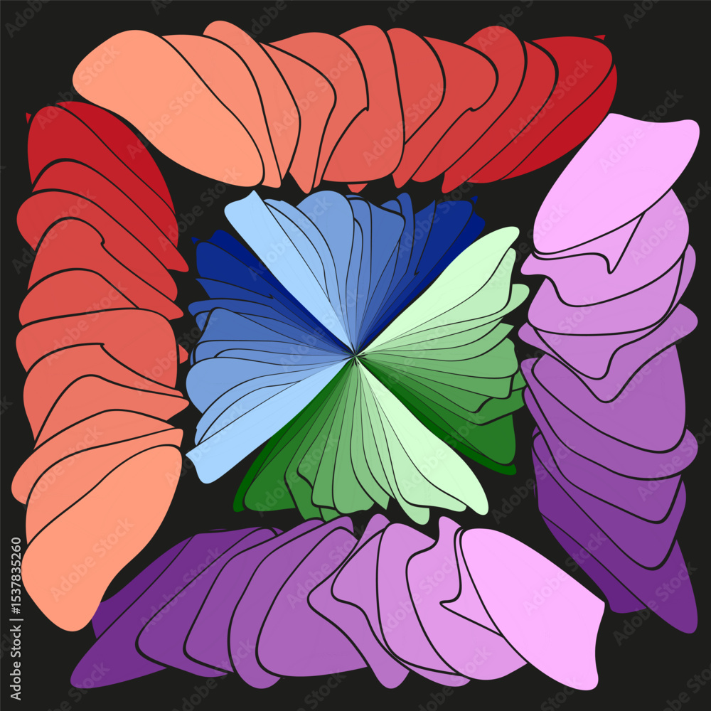 Poster petal shape abstraction. colorful folded structure. radial symmetry vector. vivid gradient compositi