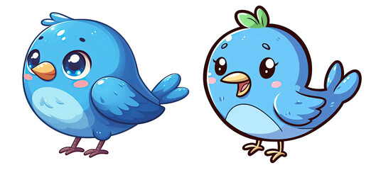 Cute Blue Bird Cartoon Character Duo Set, Happy and Adorable, Isolated on Transparent Background