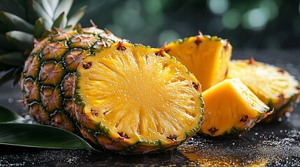 Fresh pineapple slices on dark surface