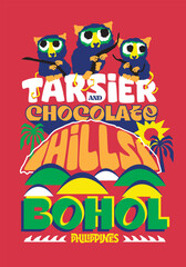 Bohol Philippines ethnic style drawing of tarsier and chocolate hills