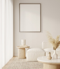 Wall Frame Mockup with Side Table and Ottoman – Soft Beige Japandi Interior with Natural Light