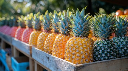Fresh pineapples in wooden crates