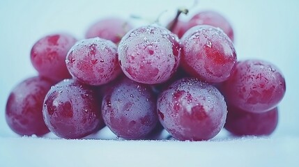 Fresh, plump, crimson grapes covered in frost. Close-up view of a cluster of dewy red grapes on a snowy surface