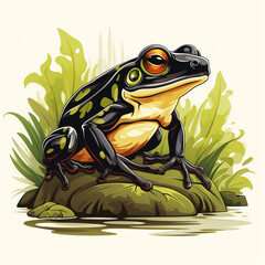 A vibrant cartoon illustration of a frog with large golden eyes, sitting on a wet, stylized leaf against a white background.